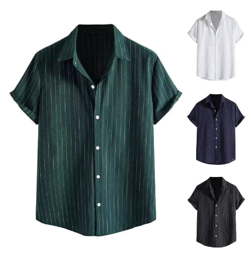 Men's Casual Striped Shirt Short Sleeve Turn-down Collar Tops