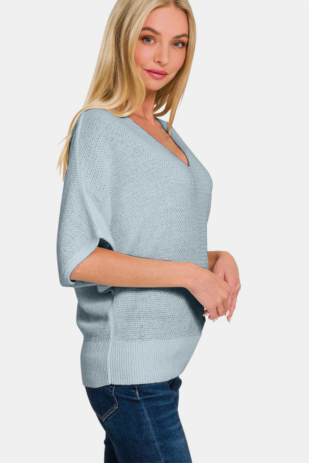 Zenana V-Neck Short Sleeve Dolman Sweater