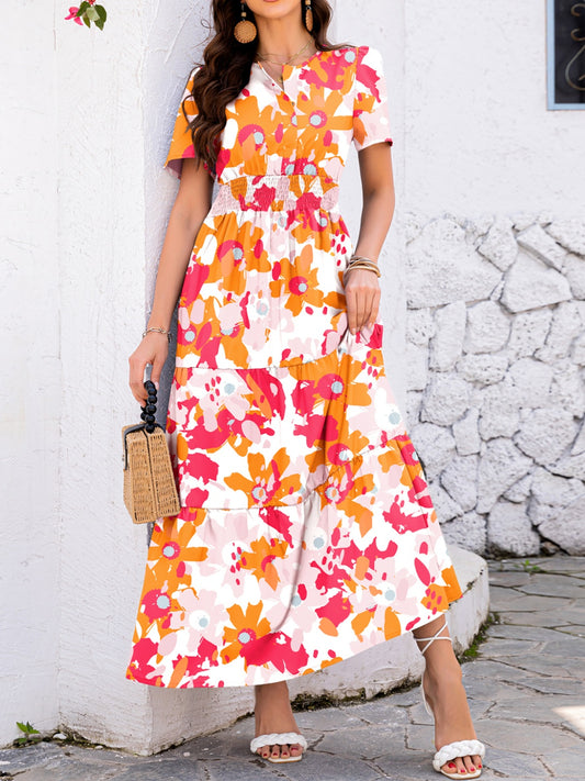 Smocked Printed Short Sleeve Midi Dress