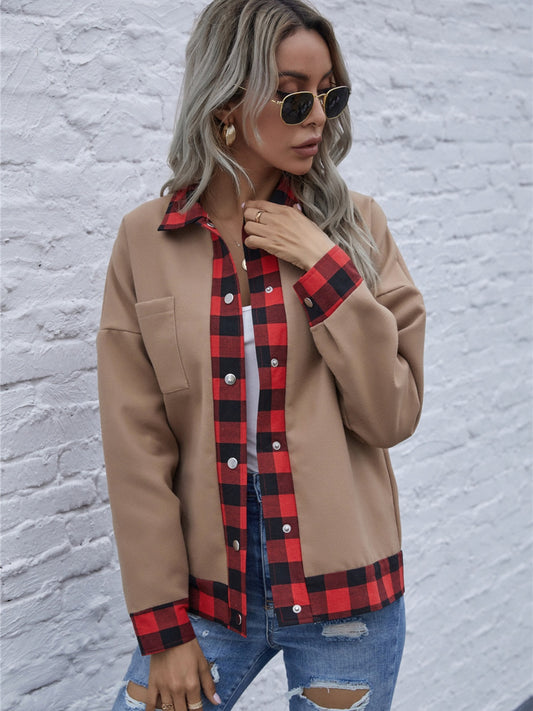 Plaid Trim Long Sleeve Jacket