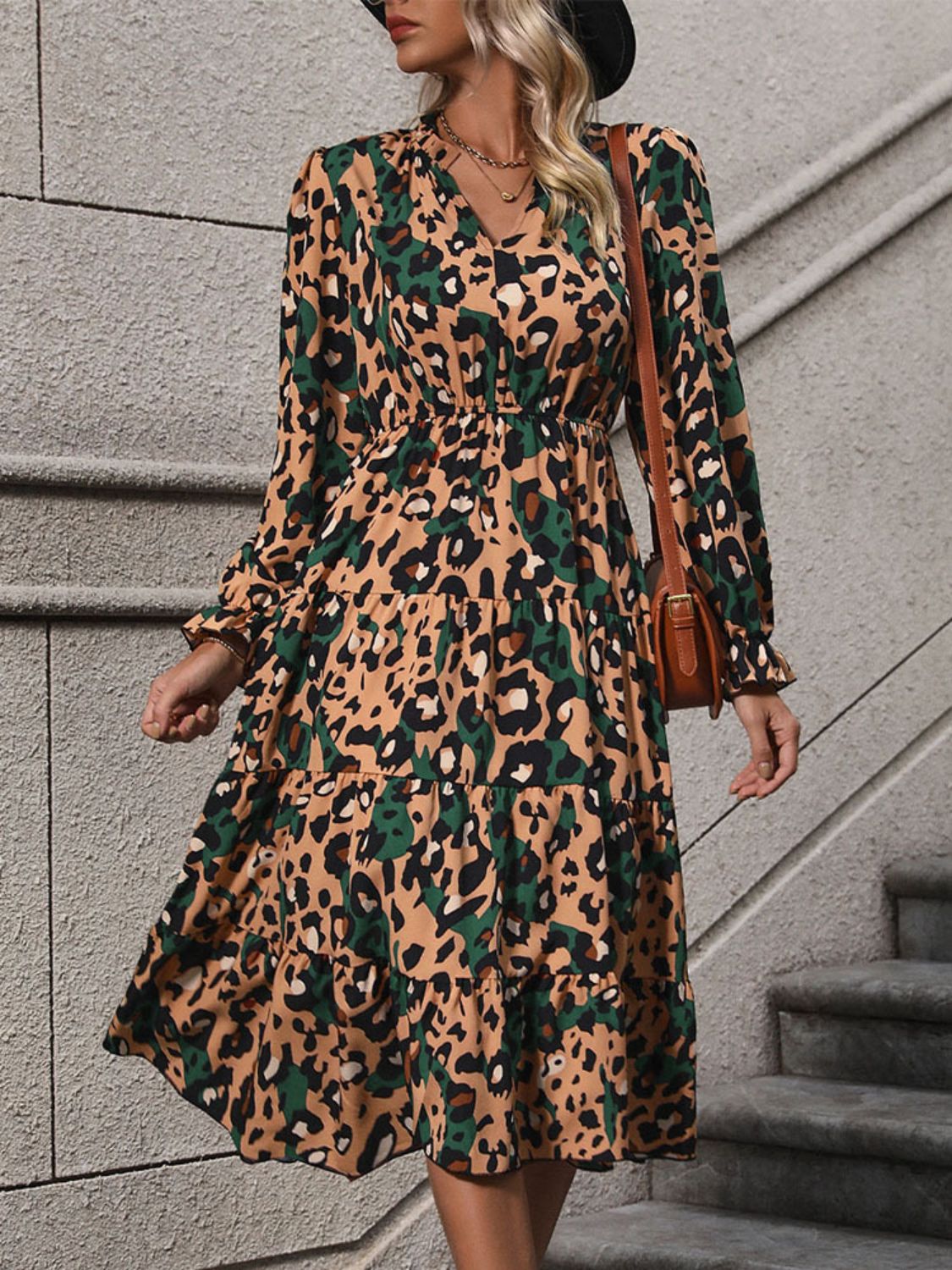 Perfee Leopard Notched Flounce Sleeve Midi Dress