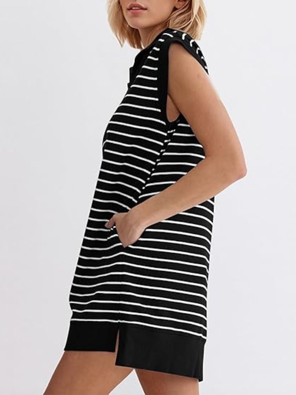 Full Size Pocketed Striped Quarter Zip Cap Sleeve Dress