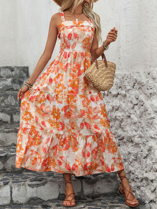 Perfee Crisscross Printed Square Neck Midi Dress