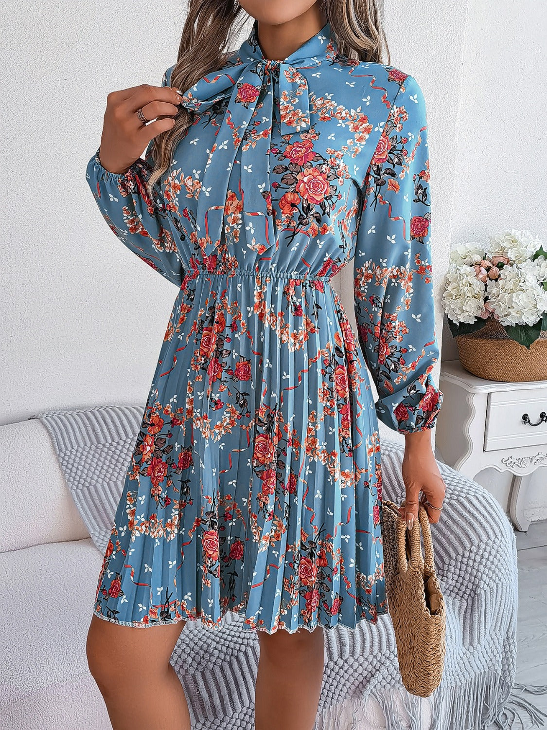 Pleated Printed Tie Neck Long Sleeve Dress