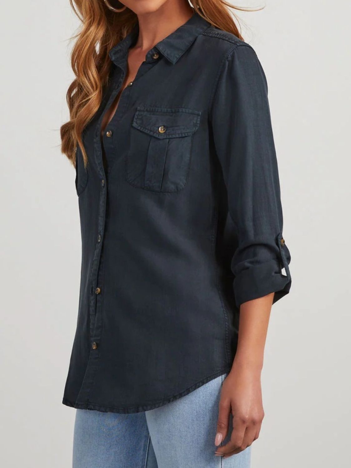 Collared Neck Roll-Tab Sleeve Denim Top