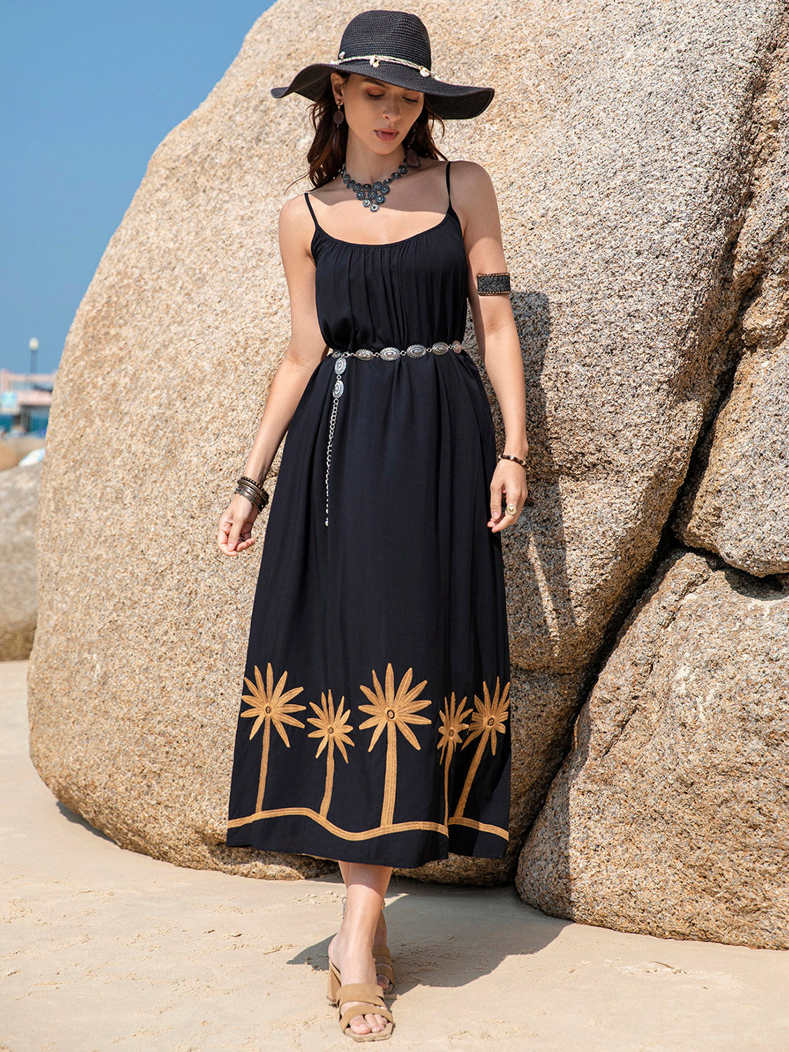 Embroidered Scoop Neck Midi Cami Dress