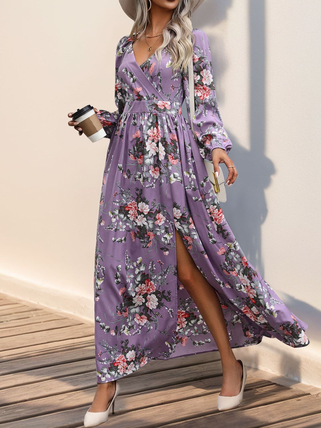 Perfee Slit Printed Surplice Long Sleeve Maxi Dress