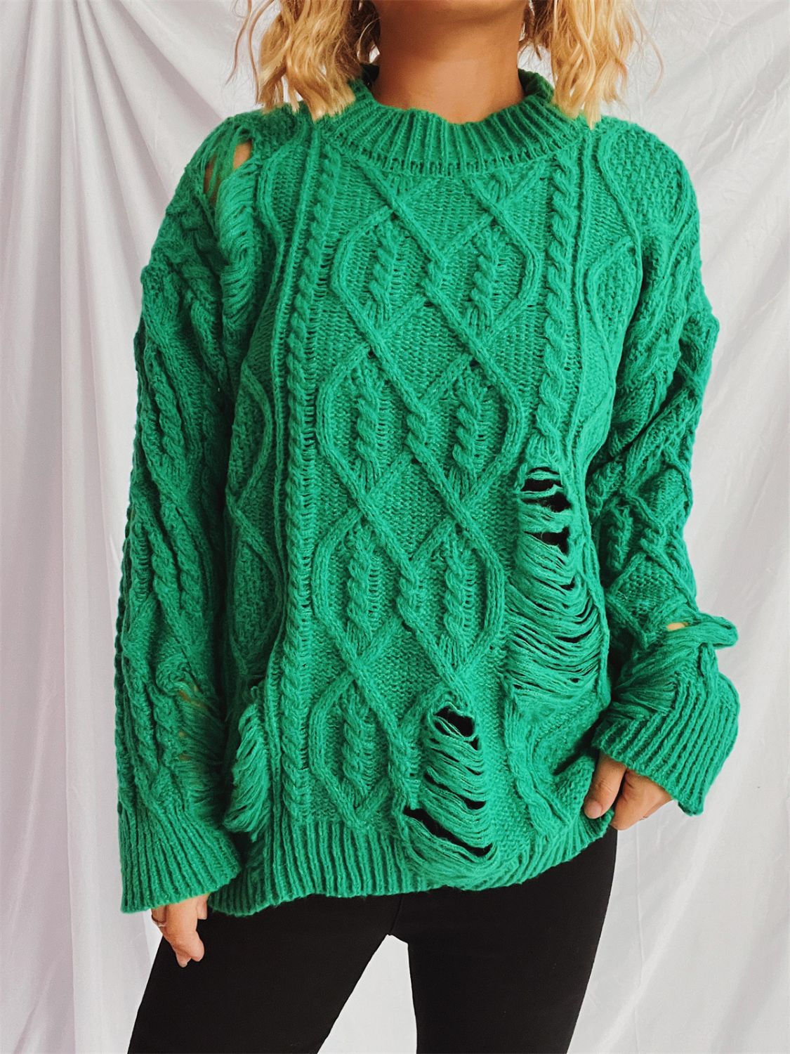 Distressed Cable-Knit Round Neck Long Sleeve Sweater