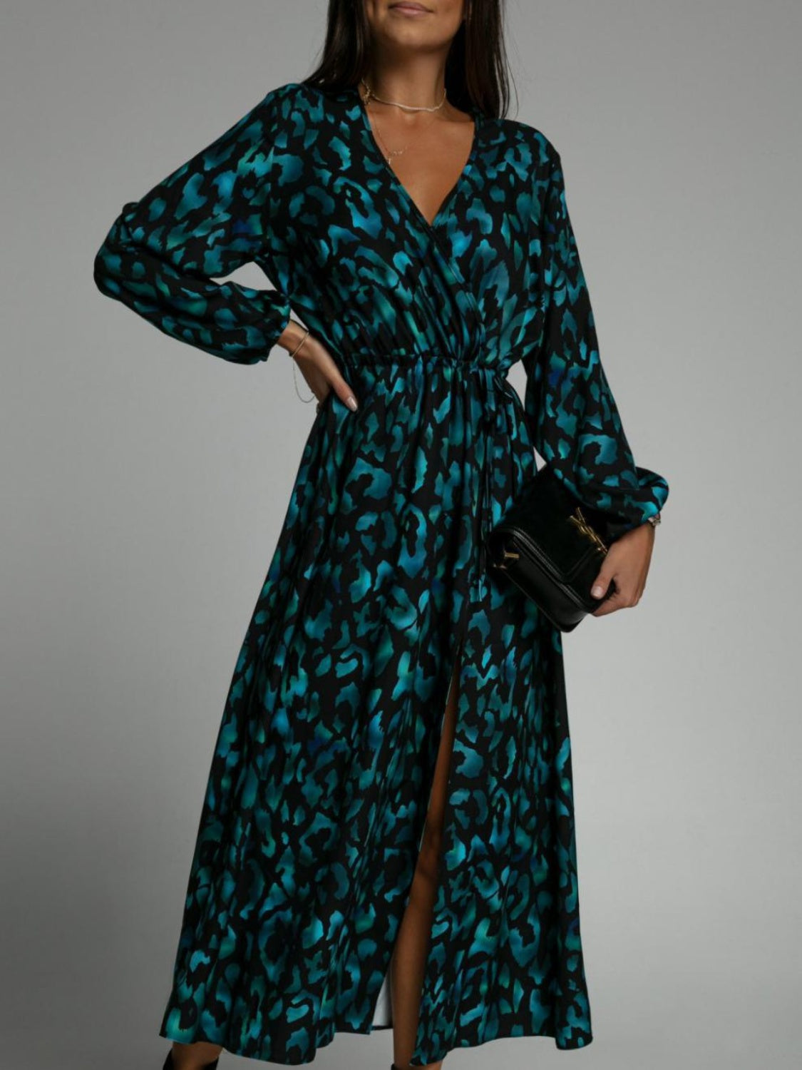 Slit Printed Surplice Long Sleeve Dress