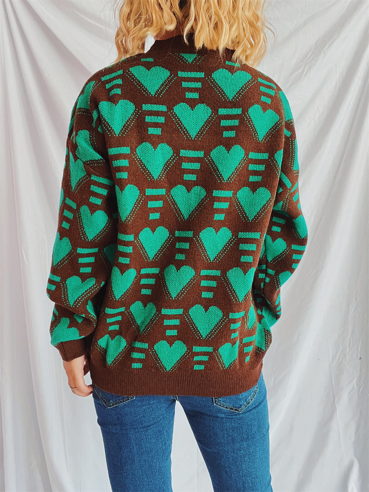 Heart Contrast Long Sleeve Dropped Shoulder Sweater