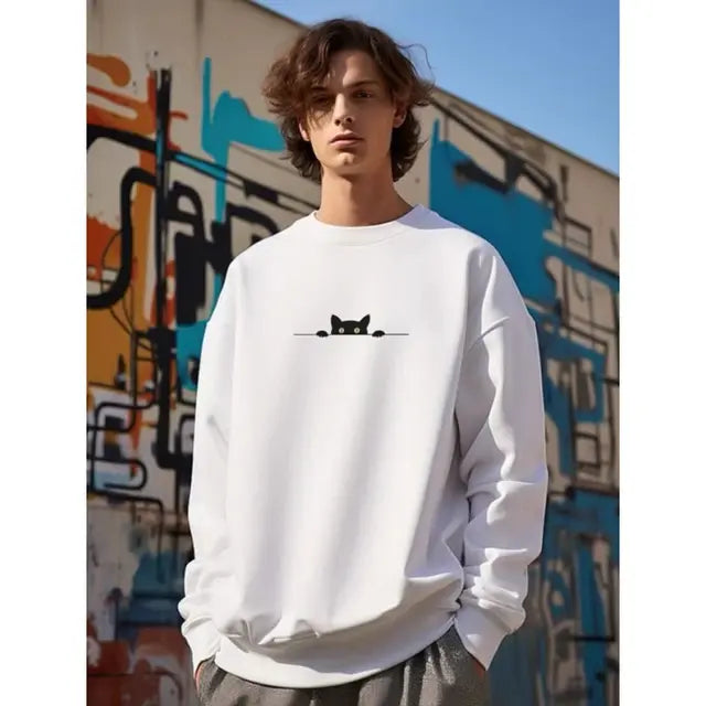 Autumn Cartoon Cat Print Sweatshirts Harajuku Loose Outwear Men Oversized Sweatshirts High Street Casual Long Sleeve Tops