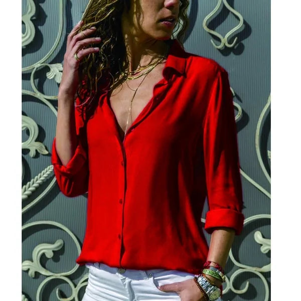 Summer Women's White Chiffon Blouse - Long Sleeve Button-Up