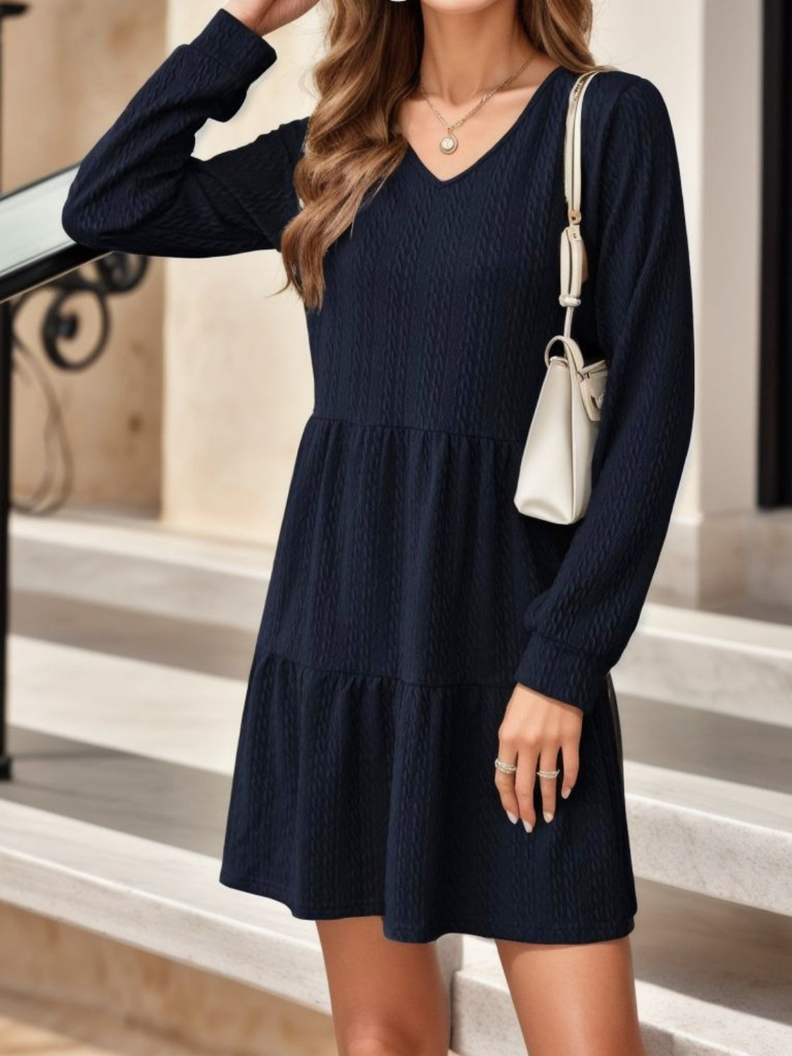 V-Neck Long Sleeve Mini Dress