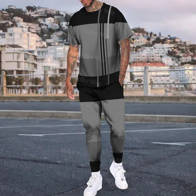 Men's Summer Tracksuit Stripe Print T-shirt Trousers Set