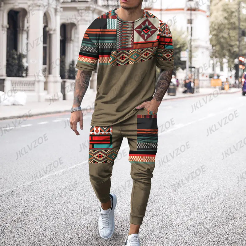 Men's Summer Tracksuit Stripe Print T-shirt Trousers Set