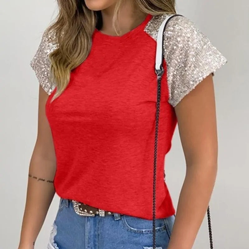 Sequined O-Neck Short Sleeve Slim Summer Blouse