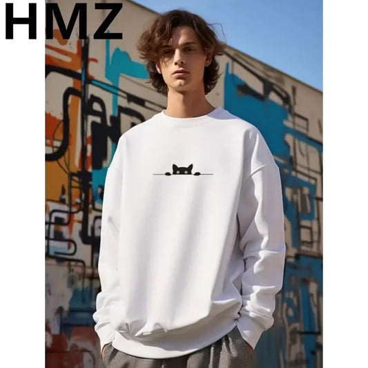 Autumn Cartoon Cat Print Sweatshirts Harajuku Loose Outwear Men Oversized Sweatshirts High Street Casual Long Sleeve Tops