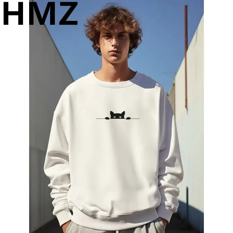 Autumn Cartoon Cat Print Sweatshirts Harajuku Loose Outwear Men Oversized Sweatshirts High Street Casual Long Sleeve Tops