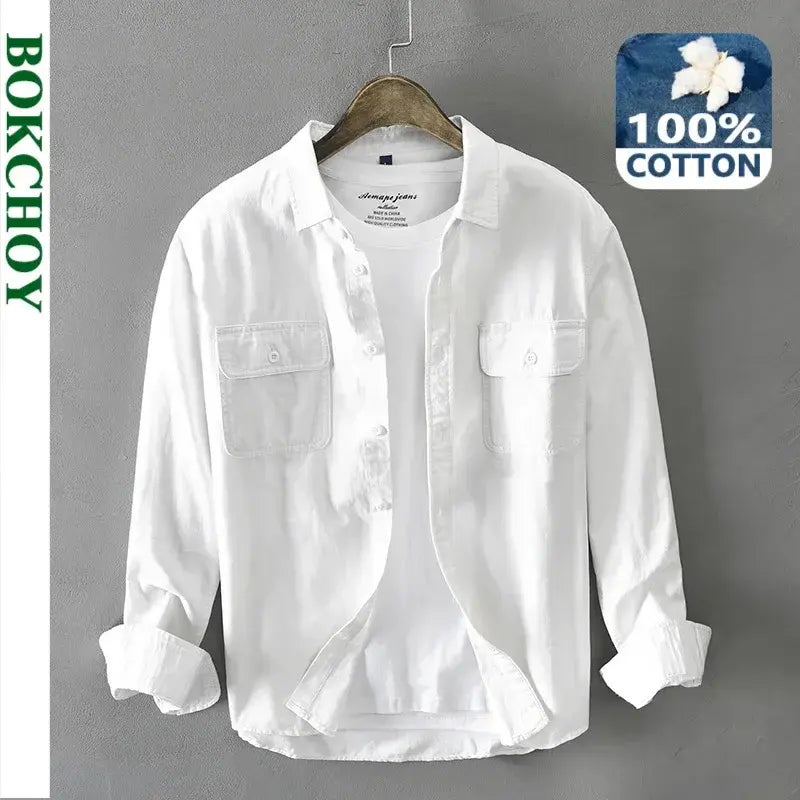 Spring and Autumn Long Sleeve Cargo White Shirt for Men Pure Cotton Retro Style Button Up Pocket White AZ102