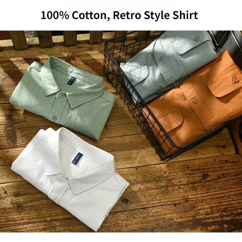 Spring and Autumn Long Sleeve Cargo White Shirt for Men Pure Cotton Retro Style Button Up Pocket White AZ102